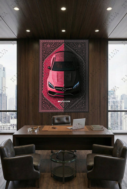 Mercedes C63 S Car Rug Wall Tapestry – Retro Persian Style Automotive Art - Rilva Design