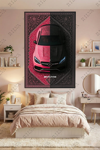 Mercedes C63 S Car Rug Wall Tapestry – Retro Persian Style Automotive Art - Rilva Design