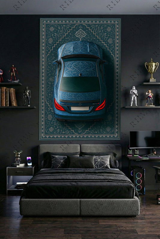 Mercedes CLS 63 S Car Rug Wall Tapestry – Retro Persian Style Automotive Art - Rilva Design