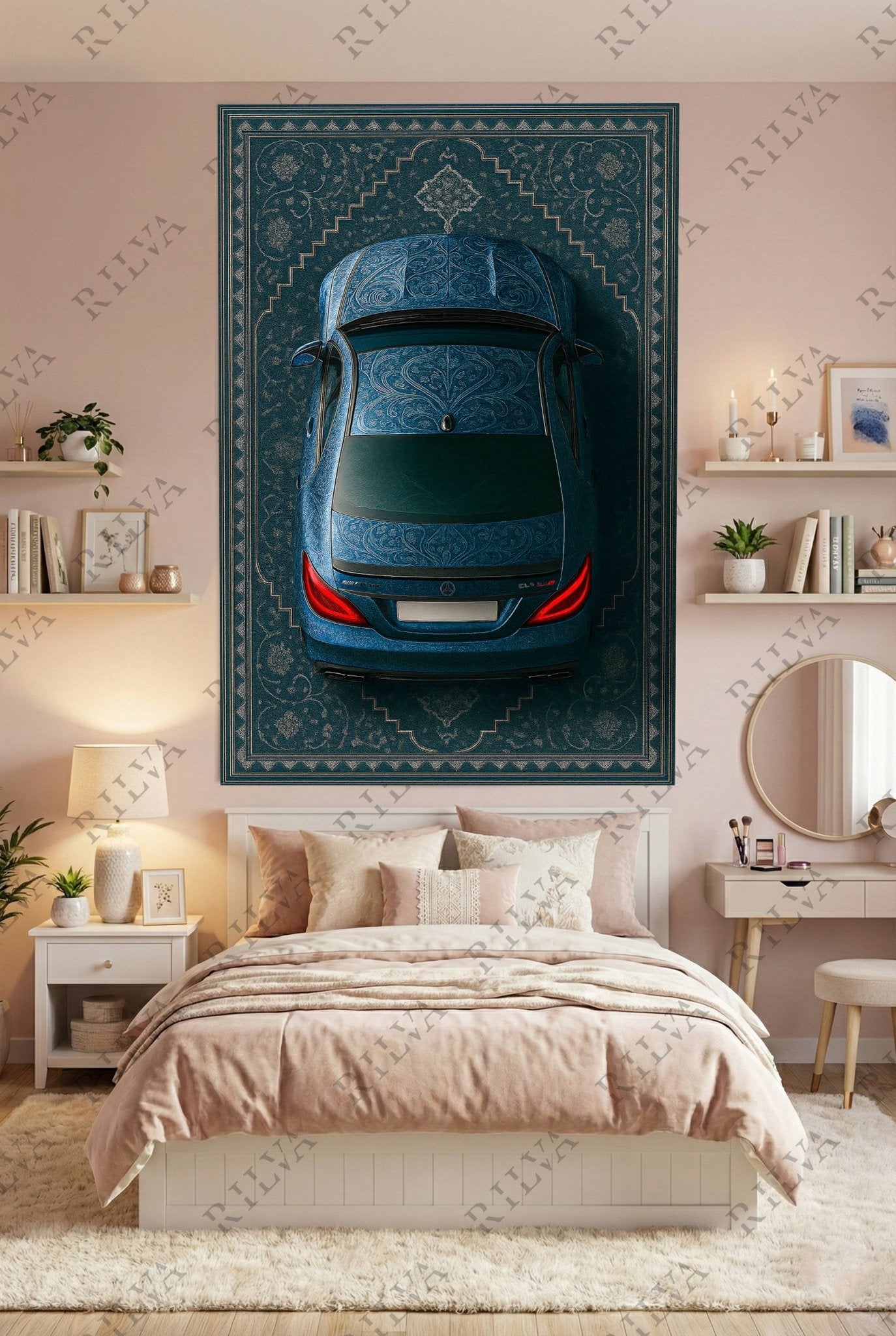 Mercedes CLS 63 S Car Rug Wall Tapestry – Retro Persian Style Automotive Art - Rilva Design