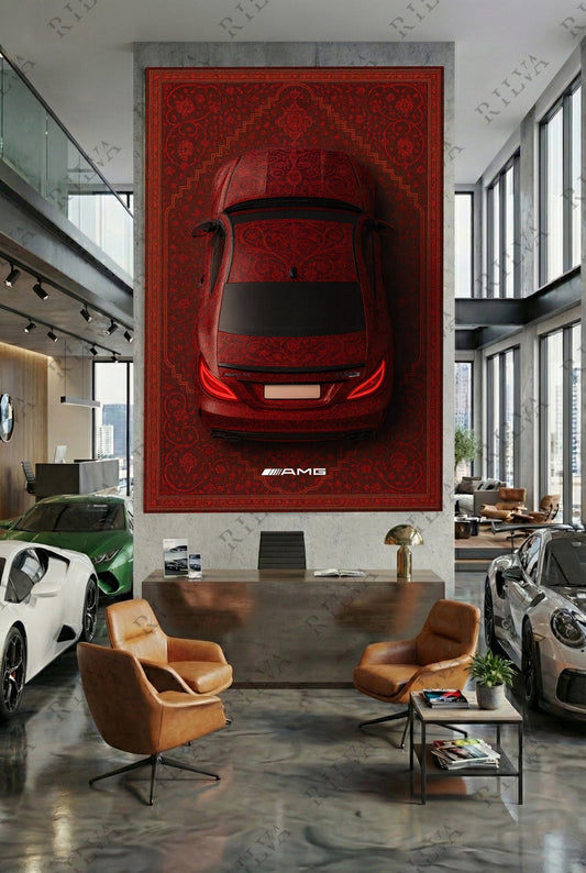 Mercedes CLS 63 S Red Car Rug Wall Tapestry – Retro Persian Style Automotive Art - Rilva Design