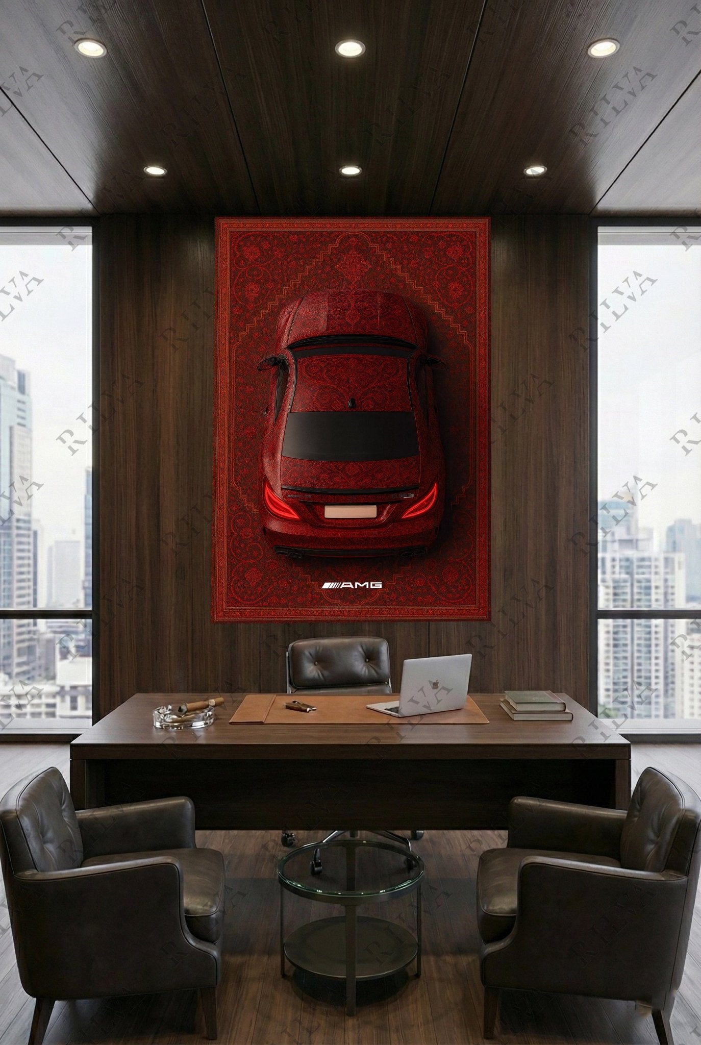Mercedes CLS 63 S Red Car Rug Wall Tapestry – Retro Persian Style Automotive Art - Rilva Design