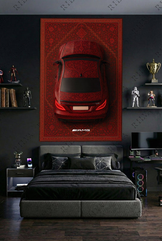 Mercedes CLS 63 S Red Car Rug Wall Tapestry – Retro Persian Style Automotive Art - Rilva Design