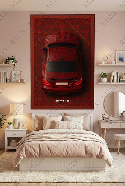 Mercedes CLS 63 S Red Car Rug Wall Tapestry – Retro Persian Style Automotive Art - Rilva Design