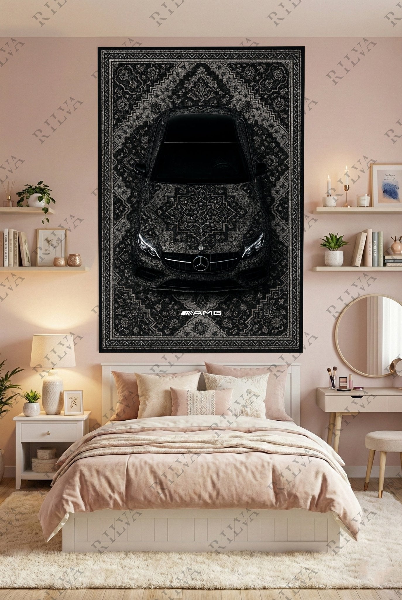 Mercedes E63 Car Rug Wall Tapestry – Retro Persian Style Automotive Art - Rilva Design