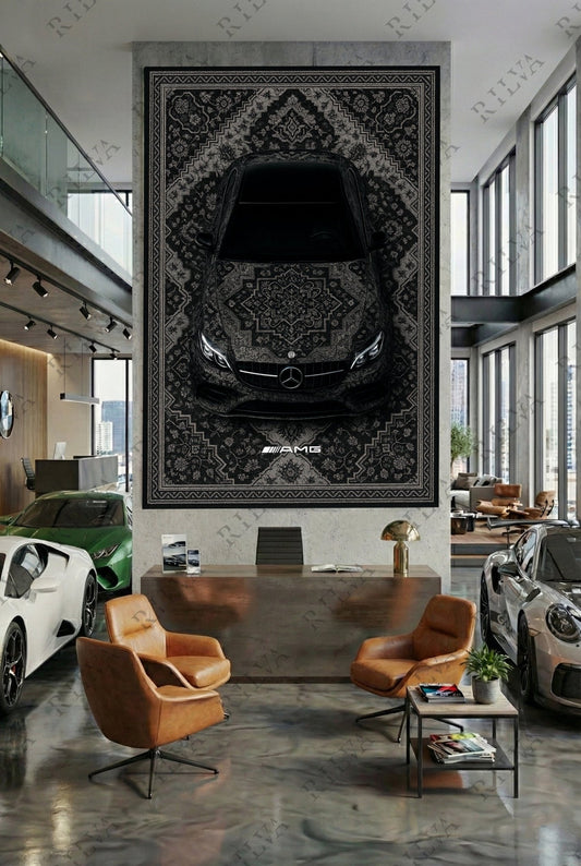 Mercedes E63 Car Rug Wall Tapestry – Retro Persian Style Automotive Art - Rilva Design