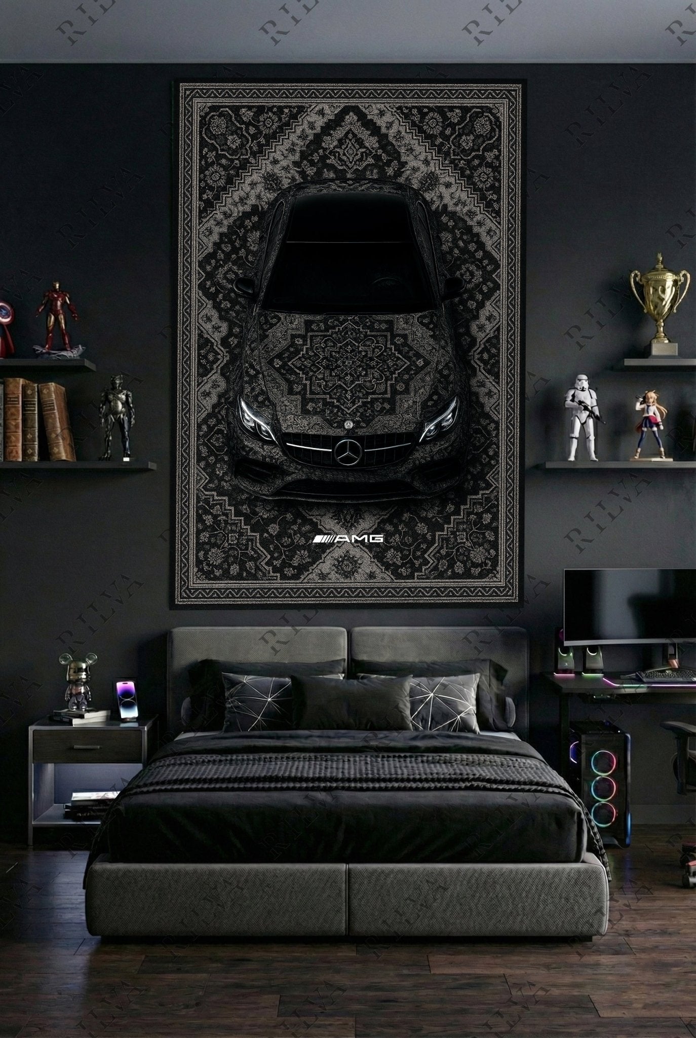 Mercedes E63 Car Rug Wall Tapestry – Retro Persian Style Automotive Art - Rilva Design