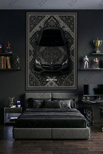 Mercedes E63 Car Rug Wall Tapestry – Retro Persian Style Automotive Art - Rilva Design