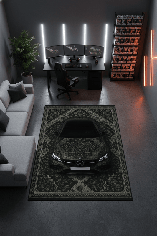 Mercedes E63 × Malvor – Customizable Plate Persian Automotive Rug - Rilva Design