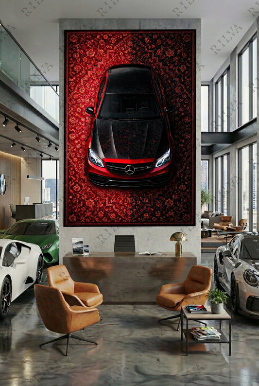 Mercedes E63 W212 Car Rug Wall Tapestry – Retro Persian Style Automotive Art - Rilva Design