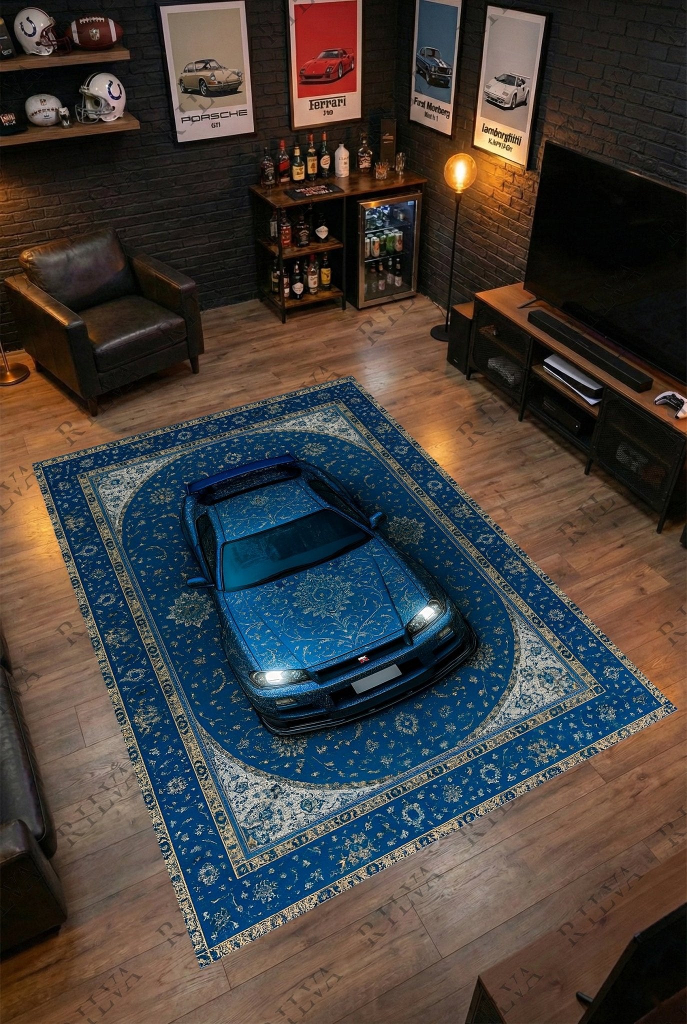 Nissan Skyline R34 Car Rug – Retro Persian Style Floor Rug | Exclusive Automotive Design - Prime Shine AD Luminar