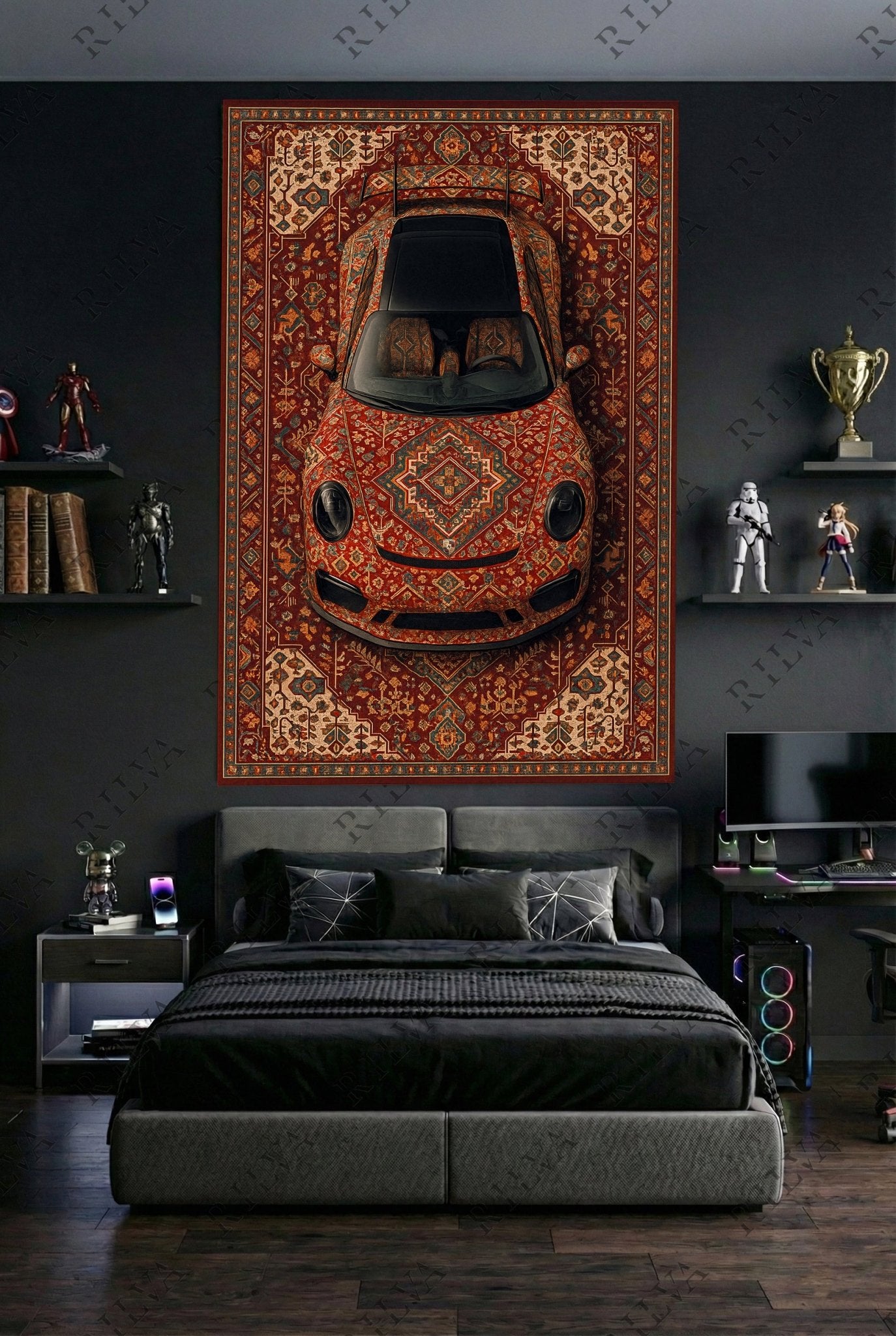 Porsche 911 Car Rug Wall Tapestry – Retro Persian Style Automotive Art - Rilva Design