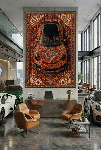 Porsche 911 Car Rug Wall Tapestry – Retro Persian Style Automotive Art - Rilva Design