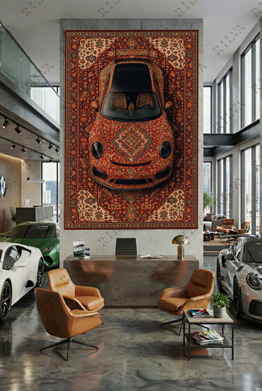 Porsche 911 Car Rug Wall Tapestry – Retro Persian Style Automotive Art - Rilva Design