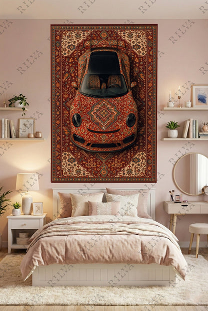 Porsche 911 Car Rug Wall Tapestry – Retro Persian Style Automotive Art - Rilva Design