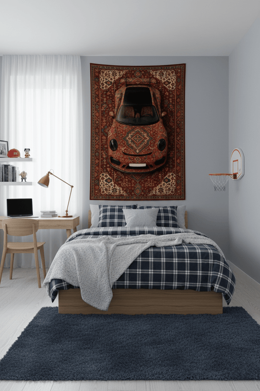 Porsche 911 Persian Wall Tapestry – Luxury 3D Woven Automotive Art for Bedroom, Gaming Room & Office Decor - Rilva Design