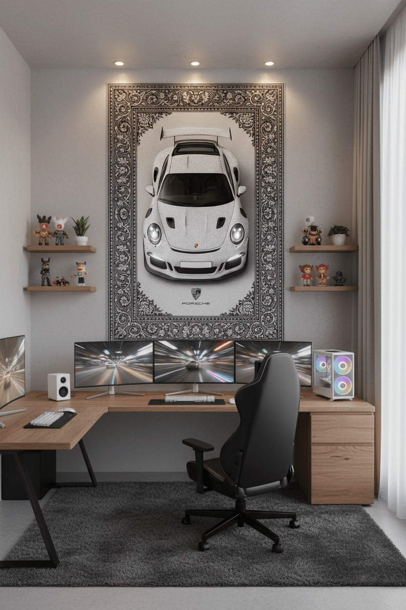 Porsche GT3 RS Persian Wall Tapestry – Premium 3D Woven Supercar Wall Art for Bedroom, Gaming Room & Luxury Decor - Rilva Design