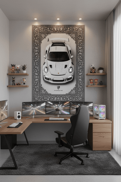 Porsche GT3 RS Persian Wall Tapestry – Premium 3D Woven Supercar Wall Art for Bedroom, Gaming Room & Luxury Decor - Rilva Design