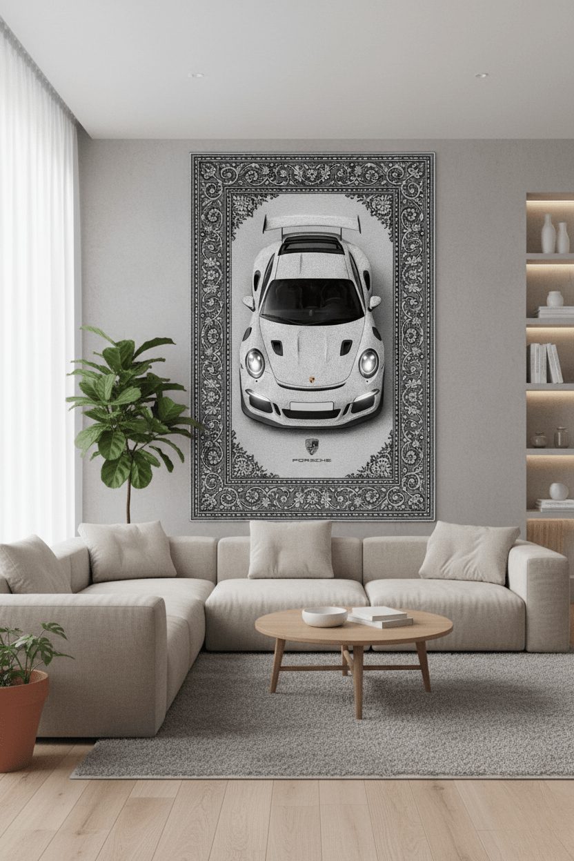 Porsche GT3 RS Persian Wall Tapestry – Premium 3D Woven Supercar Wall Art for Bedroom, Gaming Room & Luxury Decor - Rilva Design
