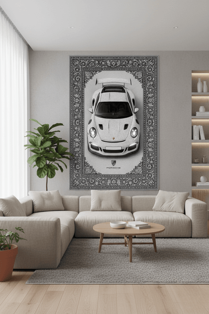 Porsche GT3 RS Persian Wall Tapestry – Premium 3D Woven Supercar Wall Art for Bedroom, Gaming Room & Luxury Decor - Rilva Design