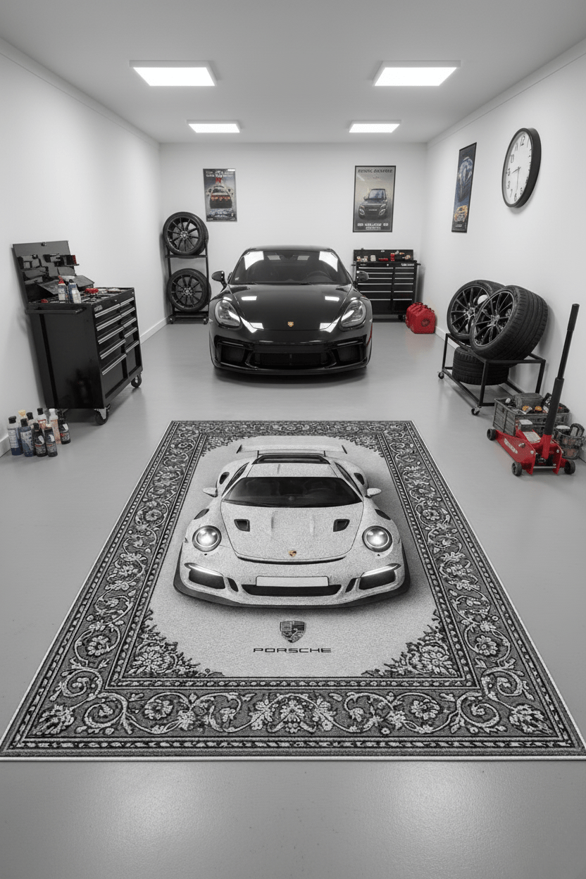 Porsche GT3 RS × Veyra – Customizable Plate Persian Automotive Rug - Rilva Design