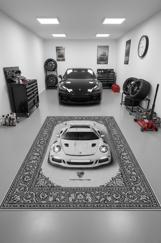 Porsche GT3 RS × Veyra – Customizable Plate Persian Automotive Rug - Rilva Design
