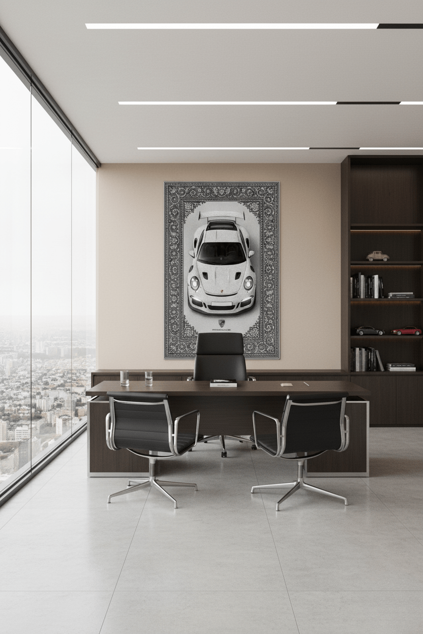 Porsche GT3 RS × Veyra – Customizable Plate Persian Automotive Rug - Rilva Design