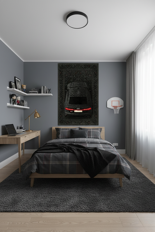 Audi RS7 wall tapestry displayed in a stylish bedroom
