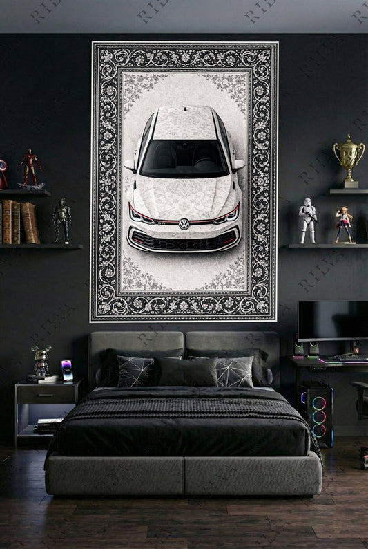 Volkswagen Golf GTI Car Rug Wall Tapestry – Retro Persian Style Automotive Art - Rilva Design